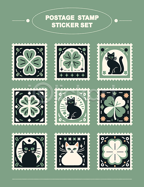 행운 사람없음 AI(파일형식) 일러스트 고양이 네잎클로버 미니멀 세트 스티커 엘리먼트 우표 장식 초록색 타이포그라피
