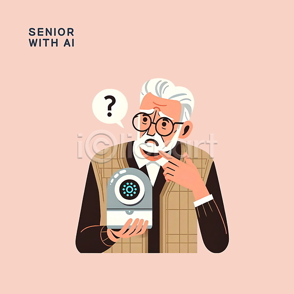 남자 노년 노인남자한명만 사람 한명 PSD 일러스트 AI(인공지능) 기술 도우미 동반자 들기 로봇 말풍선 물음표 분홍색 상반신 안경 할아버지