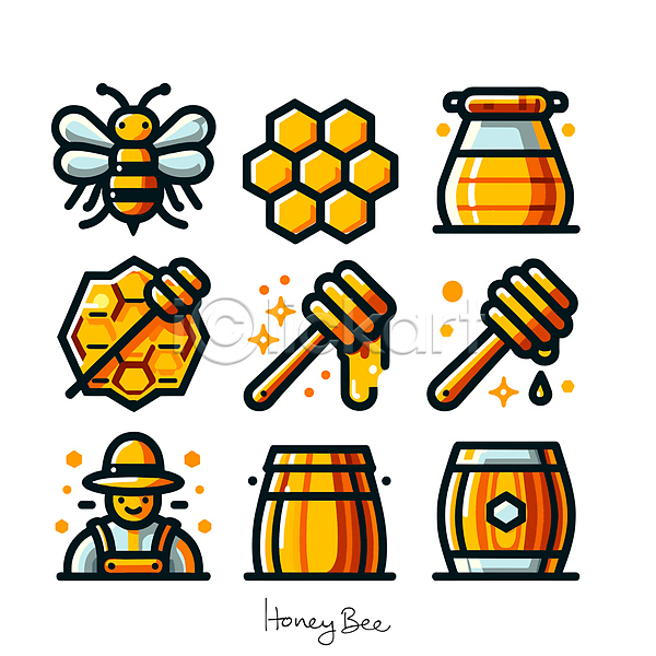 달콤 사람 한명 AI(파일형식) 아이콘 꽃 꿀 꿀단지 꿀벌 노란색 농부 벌집 양봉 양봉장 허니디퍼