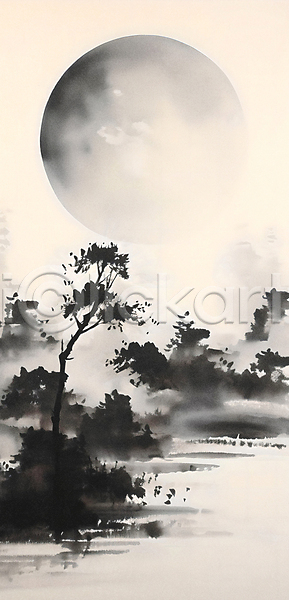 사람없음 JPG 일러스트 흑백 검은색 나무 물 백그라운드 보름달 수묵화 정월대보름 풍경(경치) 하늘