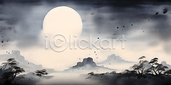 사람없음 JPG 일러스트 흑백 검은색 나무 백그라운드 보름달 산 수묵화 절벽 정월대보름 풍경(경치) 하늘