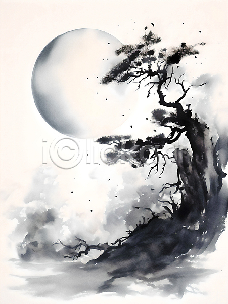 사람없음 JPG 일러스트 흑백 검은색 나무 백그라운드 보름달 수묵화 절벽 정월대보름 풍경(경치) 하늘