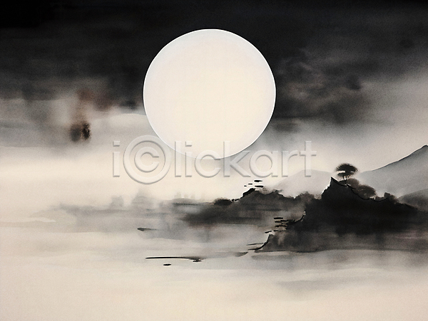 사람없음 JPG 일러스트 흑백 검은색 나무 물 바다 백그라운드 보름달 산 섬 수묵화 정월대보름 풍경(경치) 하늘