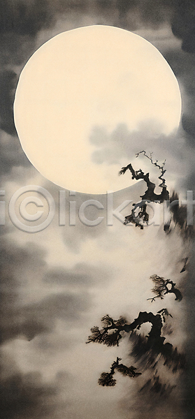 사람없음 JPG 일러스트 흑백 검은색 구름(자연) 나무 백그라운드 보름달 수묵화 정월대보름 풍경(경치) 하늘