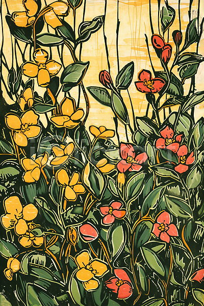 사람없음 JPG 라인일러스트 일러스트 그림 꽃 노란색 백그라운드 자연 풀잎