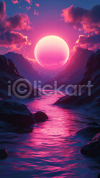 분위기 사람없음 JPG 디지털합성 편집이미지 구름(자연) 몽환 물 백그라운드 별 빛 빨간색 산 일몰 태양 판타지 편집소스 하늘 행성