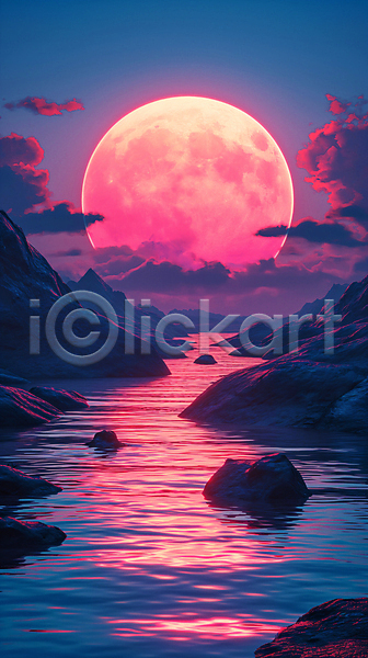 분위기 사람없음 JPG 디지털합성 편집이미지 구름(자연) 달 몽환 물 백그라운드 별 빨간색 산 일몰 판타지 편집소스 하늘 행성