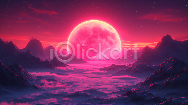 분위기 사람없음 JPG 디지털합성 편집이미지 구름(자연) 달 몽환 백그라운드 별 빨간색 산 일몰 판타지 편집소스 하늘 행성