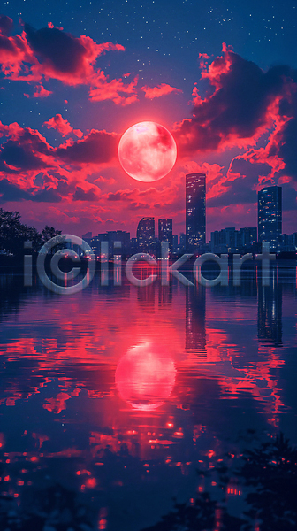분위기 사람없음 JPG 디지털합성 편집이미지 건물 구름(자연) 달 몽환 물 백그라운드 별 빨간색 일몰 판타지 편집소스 하늘 행성