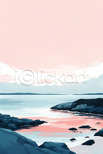 감성 분위기 사람없음 JPG 일러스트 미니멀 바다 바위(돌) 백그라운드 분홍색 자연 풍경(경치) 하늘 해변