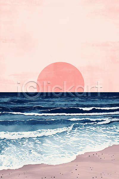 감성 분위기 사람없음 JPG 일러스트 미니멀 바다 백그라운드 분홍색 일출 자연 태양 파도 풍경(경치) 해변