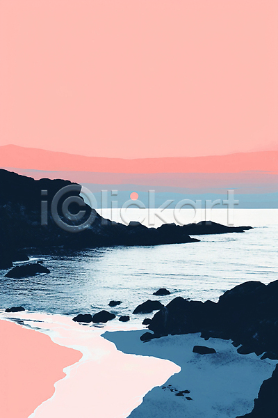 감성 분위기 사람없음 JPG 일러스트 미니멀 바다 바위(돌) 백그라운드 분홍색 일출 자연 풍경(경치) 해변