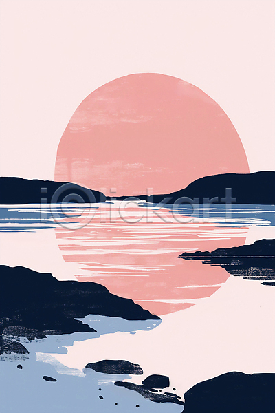 감성 분위기 사람없음 JPG 일러스트 미니멀 바다 바위(돌) 백그라운드 분홍색 일출 자연 태양 풍경(경치) 해변
