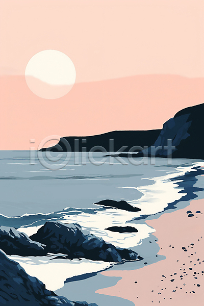 감성 분위기 사람없음 JPG 일러스트 미니멀 바다 바위(돌) 백그라운드 분홍색 일출 자연 태양 풍경(경치) 해변