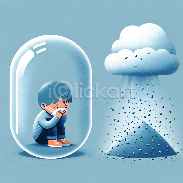 공해 보호 남자 소년 소년한명만 어린이 한명 JPG 디지털합성 일러스트 가루 구름(자연) 마스크 미세먼지 웅크림 전신 파란색 편집소스