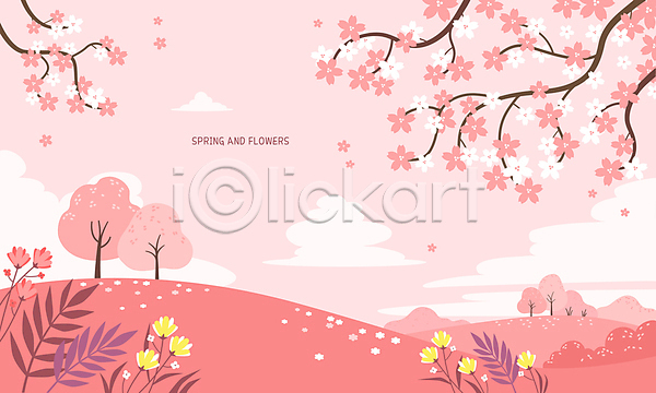 사람없음 AI(파일형식) 일러스트 꽃잎 백그라운드 벚나무 봄 봄꽃 분홍색 언덕 잎 풍경(경치)