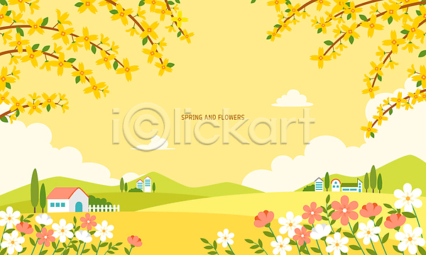 사람없음 AI(파일형식) 일러스트 개나리 노란색 들꽃 마을 백그라운드 봄 산 언덕 잎 주택 풍경(경치)