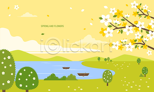 사람없음 AI(파일형식) 일러스트 꽃나무 나룻배 노란색 백그라운드 봄 사과꽃 초원(자연) 풀숲 풍경(경치) 호수