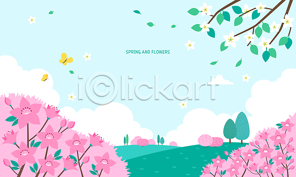 사람없음 AI(파일형식) 일러스트 구름(자연) 나뭇가지 나뭇잎 나비 백그라운드 봄 분홍색 사과꽃 언덕 진달래 철쭉 초록색 풍경(경치) 하늘