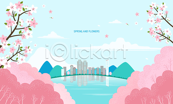 사람없음 AI(파일형식) 일러스트 건물 구름(자연) 나무 도시 반사 백그라운드 벚꽃 벚나무 봄 분홍색 산 숲 풍경(경치) 하늘 호수
