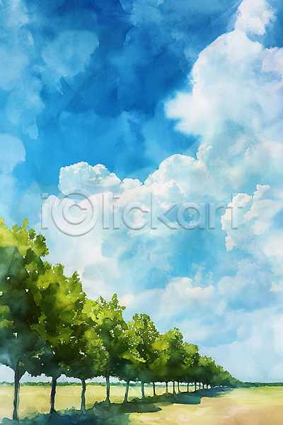 사람없음 JPG 일러스트 구름(자연) 나무 맑음 수채화(물감) 자연 풍경(경치) 하늘