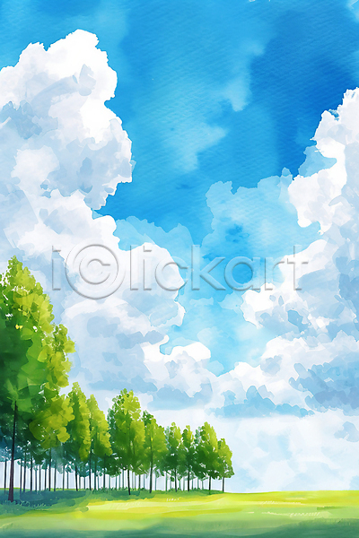사람없음 JPG 일러스트 구름(자연) 나무 맑음 수채화(물감) 자연 풍경(경치) 하늘