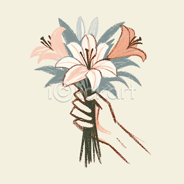 신체부위 AI(파일형식) 일러스트 꽃 꽃다발 들기 베이지색 봄 손 파스텔톤
