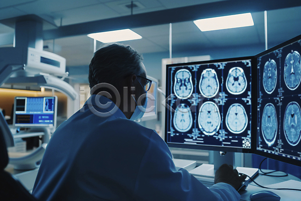 분석 남자 성인 성인남자한명만 한명 JPG 디지털합성 편집이미지 CT촬영 뇌 마스크 마우스 모니터 병원 상반신 안경 의사 진료 키보드