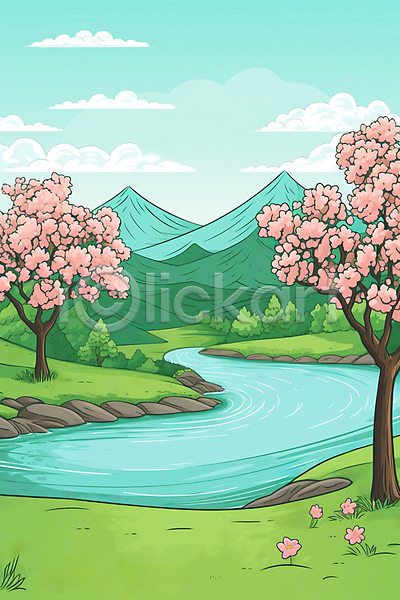 사람없음 JPG 라인일러스트 일러스트 강 구름(자연) 꽃나무 들꽃 백그라운드 산 자연 풍경(경치) 하늘