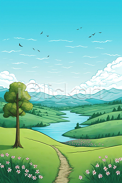 사람없음 JPG 라인일러스트 일러스트 강 구름(자연) 나무 들꽃 백그라운드 산 자연 풍경(경치) 하늘