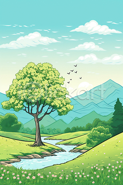 사람없음 JPG 라인일러스트 일러스트 강 구름(자연) 나무 들꽃 백그라운드 산 자연 풍경(경치) 하늘