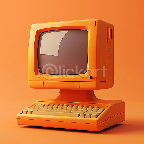 빈티지 사람없음 3D JPG 편집이미지 모니터 복고 오브젝트 주황색 컴퓨터 키보드