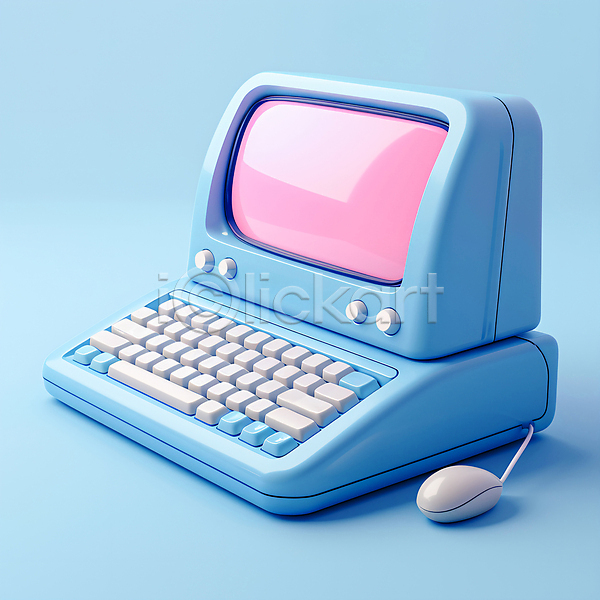 빈티지 사람없음 3D JPG 편집이미지 마우스 모니터 복고 오브젝트 컴퓨터 키보드 파란색