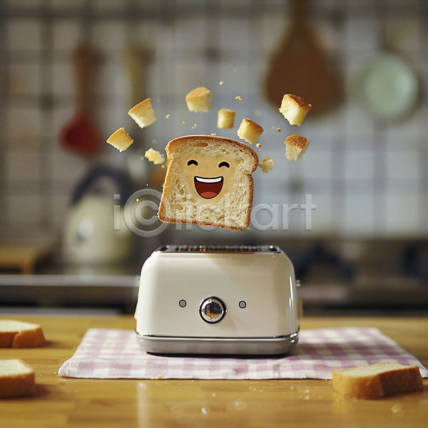 사람없음 JPG 편집이미지 브런치 식빵 웃음 음식 주방 천(직물) 캐릭터 토스트 토스트기 표정