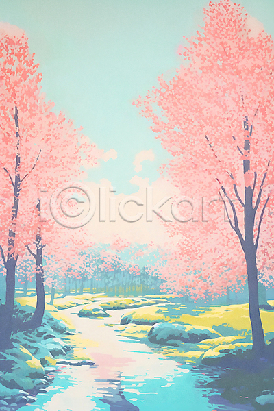 사람없음 JPG 일러스트 강 벚꽃 봄 봄풍경 분홍색 자연 풍경(경치) 하늘