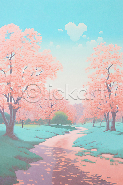 사람없음 JPG 일러스트 공원 구름(자연) 벚꽃 봄 봄풍경 분홍색 산책로 자연 풍경(경치) 하늘 하트