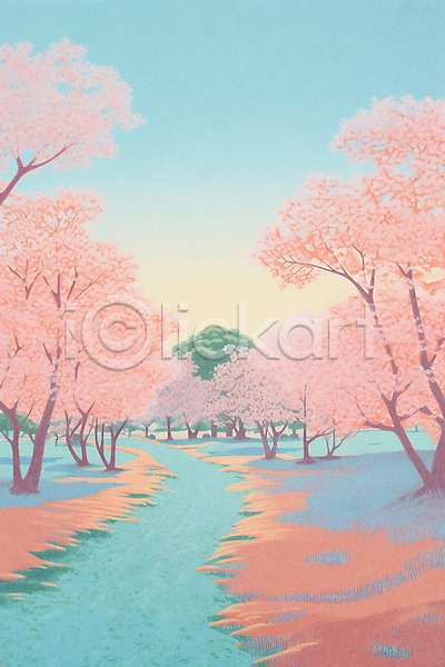 사람없음 JPG 일러스트 공원 벚꽃 봄 봄풍경 분홍색 산책로 자연 풍경(경치) 하늘