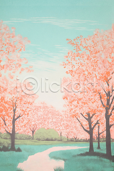 사람없음 JPG 일러스트 공원 구름(자연) 벚꽃 봄 봄풍경 분홍색 산책로 자연 풍경(경치) 하늘
