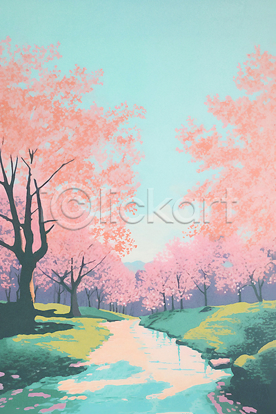 사람없음 JPG 일러스트 공원 벚꽃 봄 봄풍경 분홍색 산책로 자연 풍경(경치) 하늘