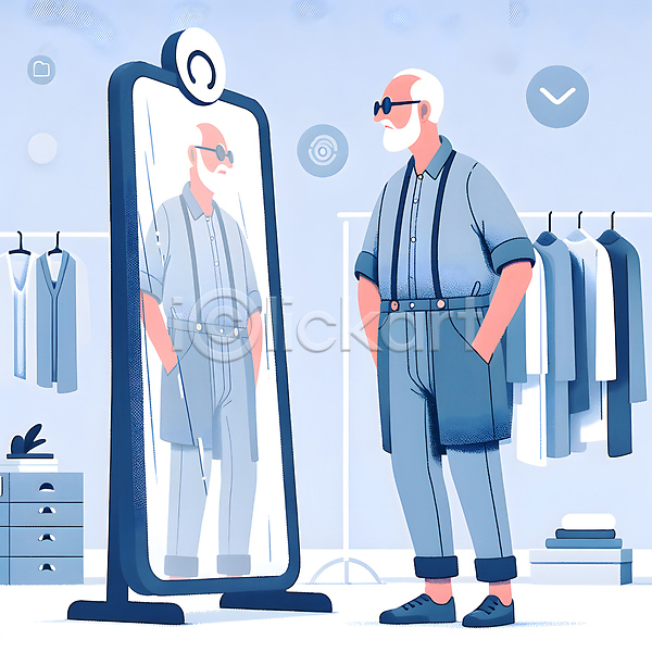 남자 노년 노인남자한명만 한명 JPG 일러스트 거울 반사 선글라스 쇼핑 실버(노인) 실버라이프 옷 옷걸이 전신 취미 패션 할아버지