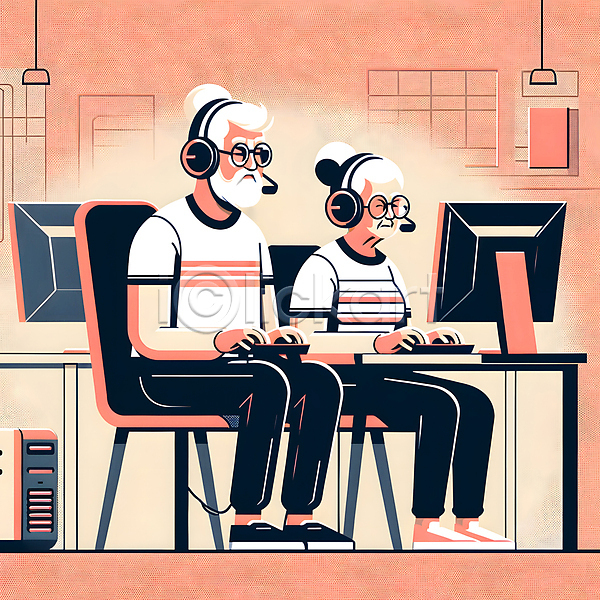 집중 남자 노년 노인만 두명 여자 JPG 일러스트 pc방 게임 모니터 실버(노인) 실버라이프 안경 앉기 의자 전신 책상 취미 할머니 할아버지 헤드셋
