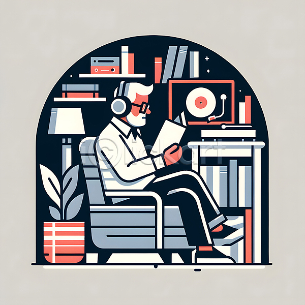 남자 노년 노인남자한명만 한명 JPG 일러스트 독서 레코드판 스탠드 실버(노인) 실버라이프 앉기 음악 의자 전신 책 취미 할아버지 헤드셋