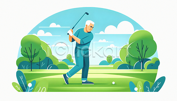 활기 남자 노년 노인남자한명만 한명 JPG 일러스트 골프공 골프채 구름(자연) 나무 운동 잔디 전신 취미 파크골프 하늘 할아버지
