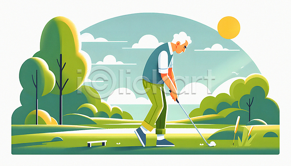 활기 남자 노년 노인남자한명만 한명 JPG 일러스트 골프공 골프채 구름(자연) 나무 운동 잔디 전신 취미 태양 파크골프 하늘 할아버지