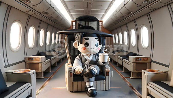 티타임 남자 성인 성인남자한명만 한명 3D JPG 디지털합성 편집이미지 다리꼬기 들기 비행기 앉기 전신 전통의상 차(음료) 취미 커피 편집소스 한국 한복