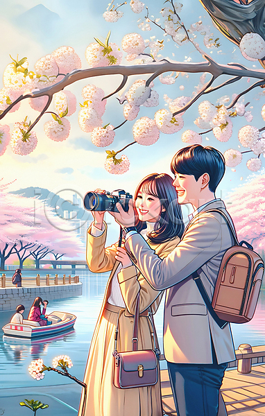 남자 성인 성인만 여러명 여자 JPG 일러스트 가방 공원 꽃구경 들기 벚꽃 벚꽃축제 봄 상반신 여행 웃음 촬영 카메라 커플 호수