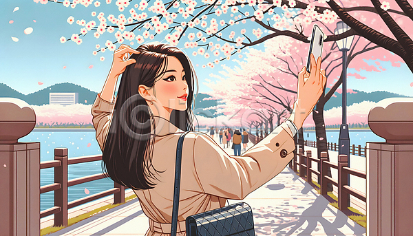 성인 성인여자한명만 여자 한명 JPG 일러스트 공원 꽃구경 들기 벚꽃 벚꽃축제 봄 상반신 셀프카메라 여행
