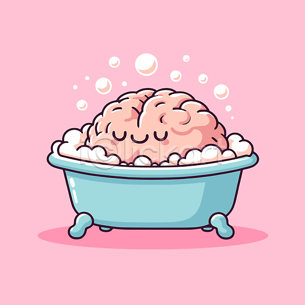 평화 휴식 사람없음 AI(파일형식) 일러스트 거품 거품목욕 뇌 도파민 디톡스 목욕 물방울 분홍색 욕조 캐릭터