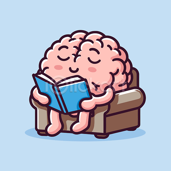 집중 휴식 사람없음 AI(파일형식) 일러스트 교양 교육 뇌 도파민 독서 디톡스 분홍색 의자 지능 책 캐릭터 하늘색
