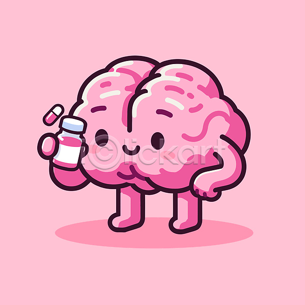 사람없음 AI(파일형식) 일러스트 건강 건강관리 뇌 도파민 디톡스 분홍색 알약 약 약병 영양제 예방 의학 치료 캐릭터